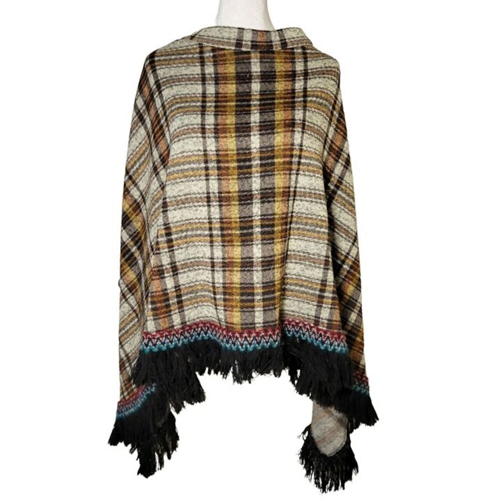 Vtg Plaid Poncho Fringe Shawl Wrap Brown Tartan OS Boho Western Aztec Cottage